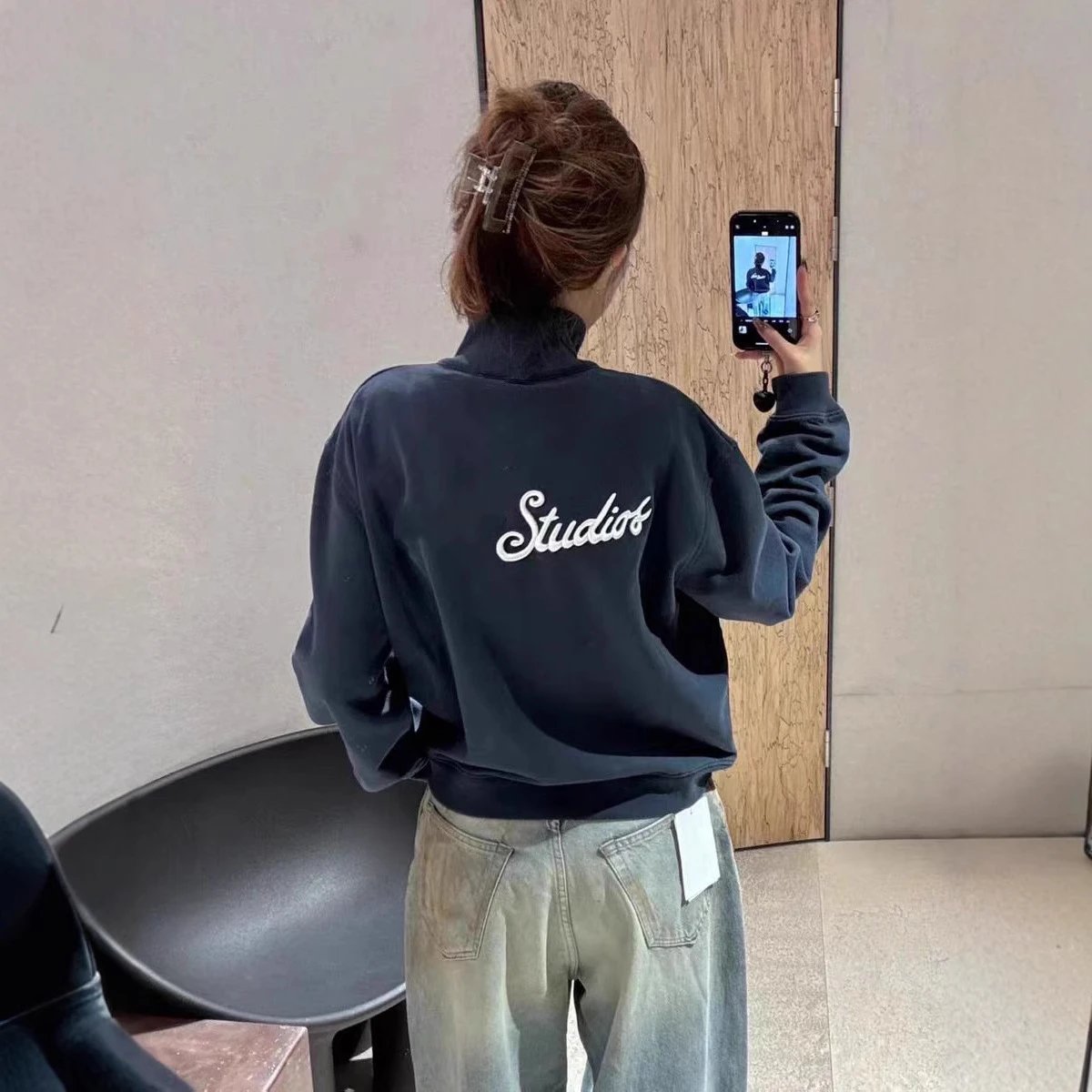 Embroidered Sweatshirt Fabric Zipper Jacket Dark Grey Casual