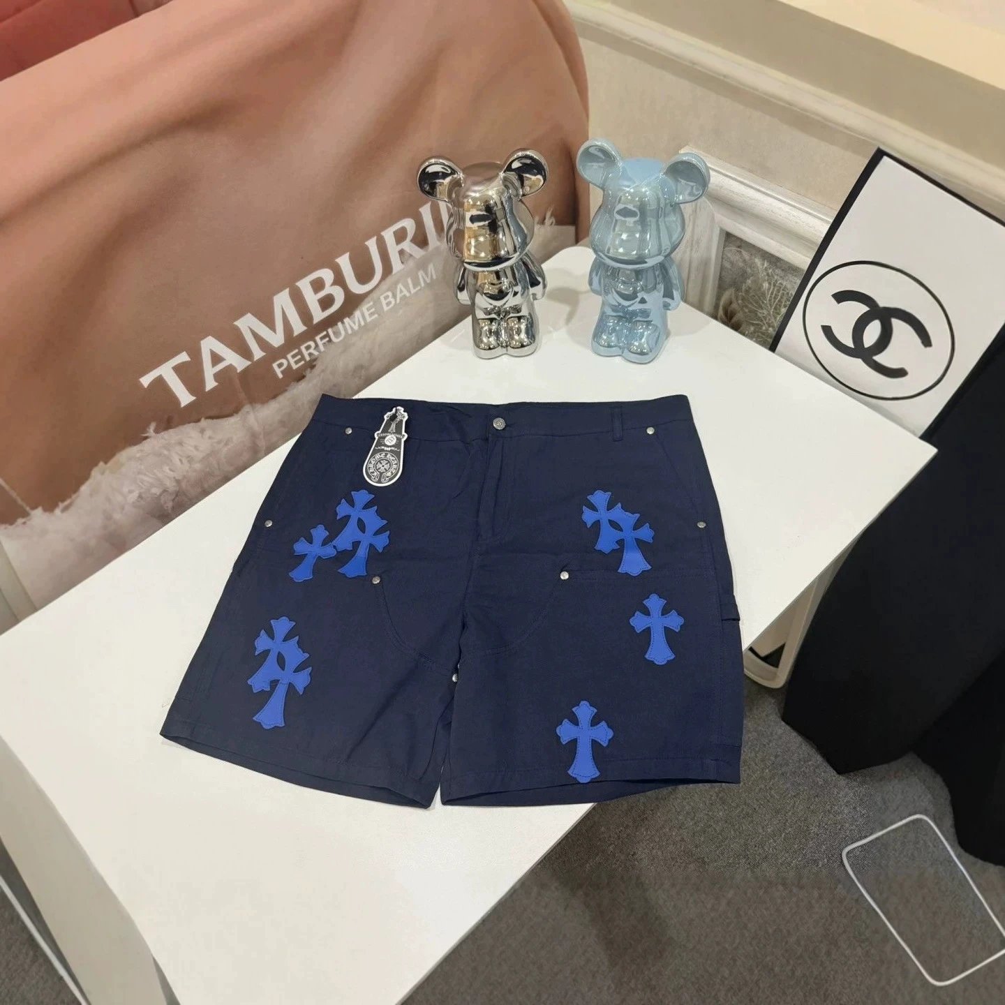 Cross-Patterned Leather Cargo Denim Shorts