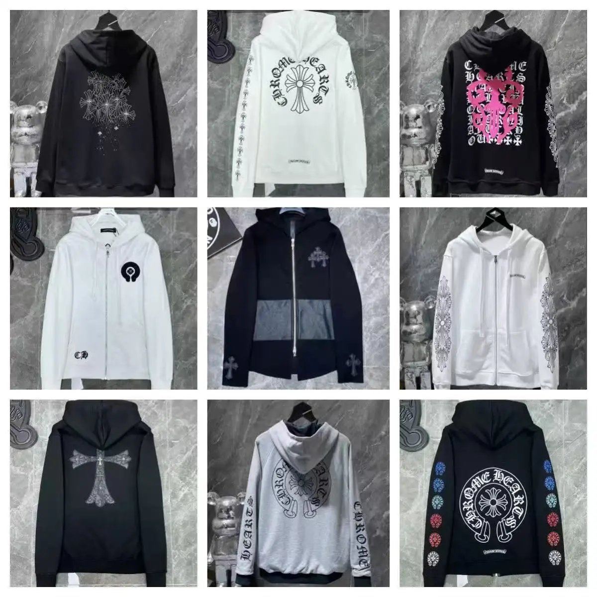 Chrome Hearts Black White Gray Embroidered Hooded Sweatshirt
