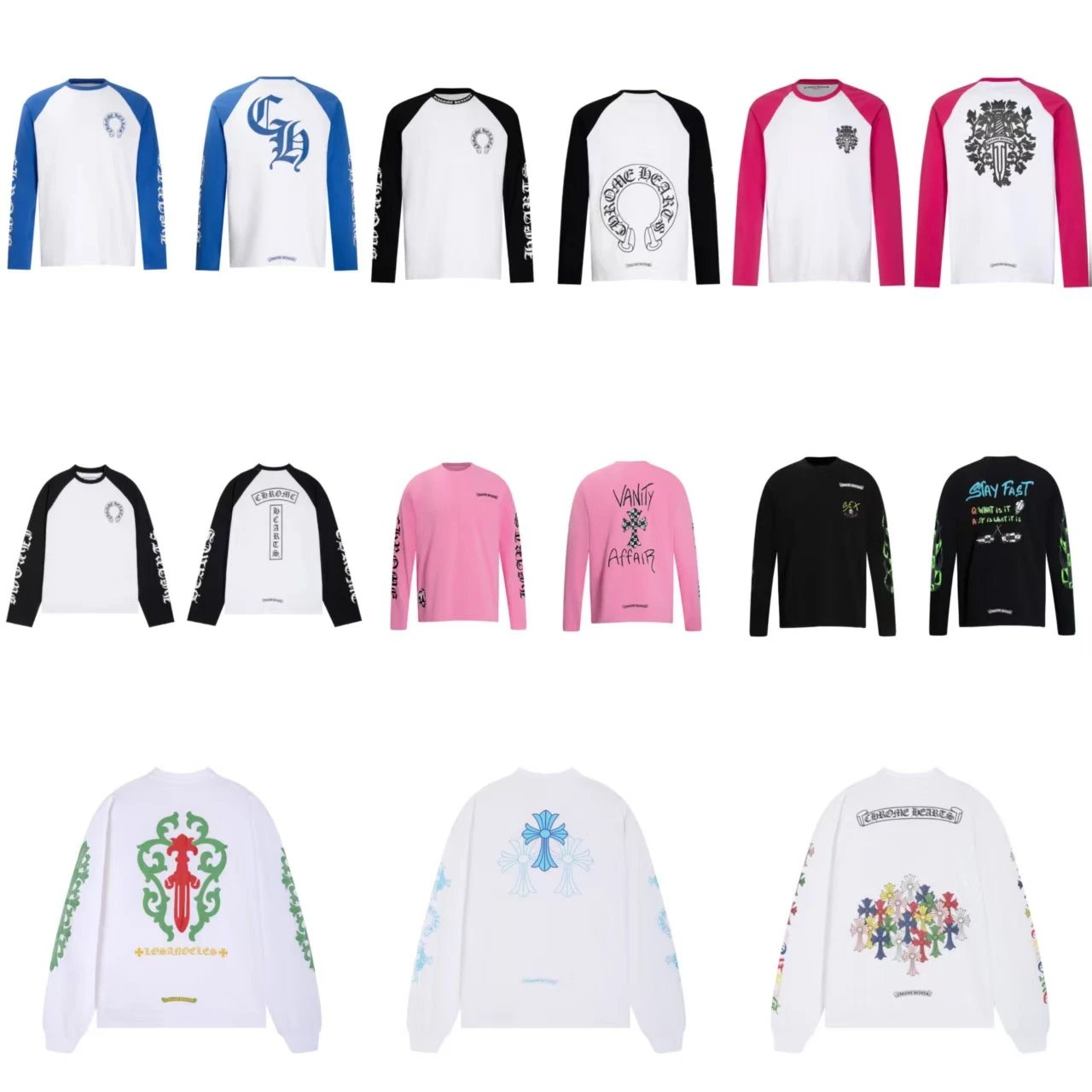 Long-sleeved shirt with cross, horseshoe, and Sanskrit print