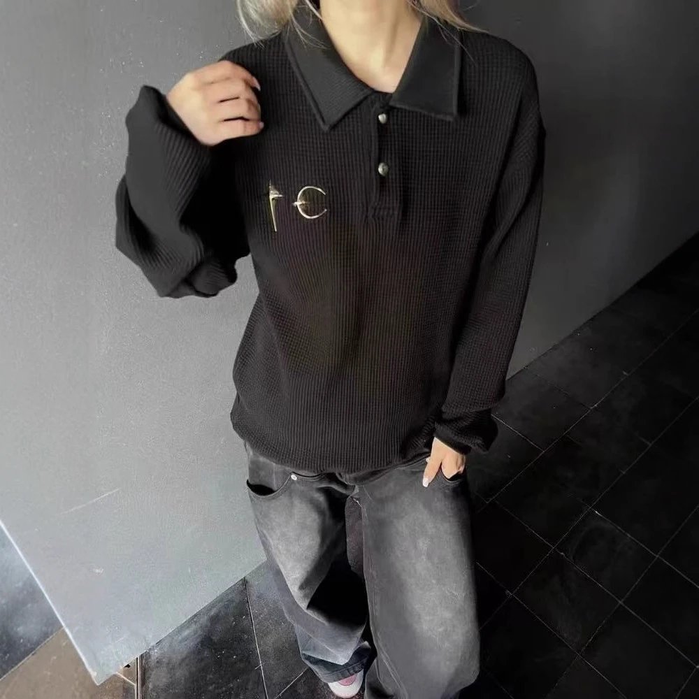 Waffle-Print Solid Color Long-Sleeved T-Shirt