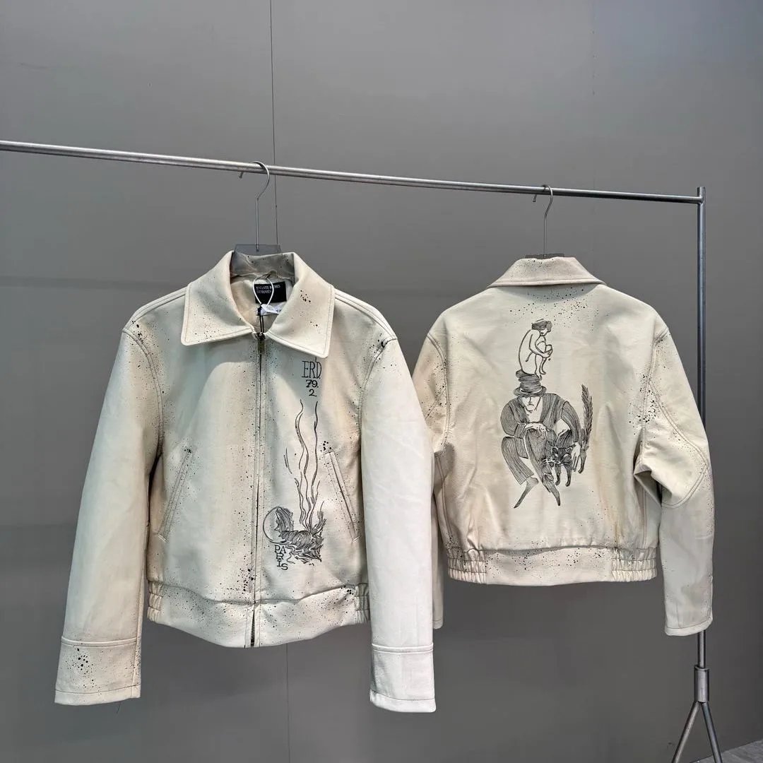 Embroidered Ink Splash Distressed Leather Jacket