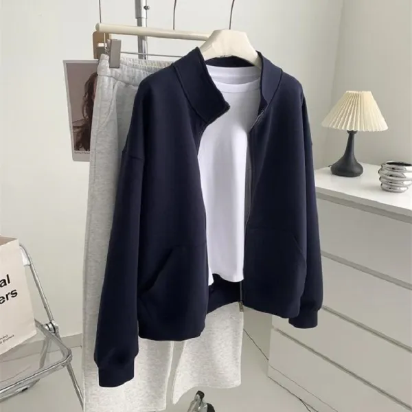 Design Zip-Up Collar Jacket Navy with White Tee and Gray Sweatpants Set - 1