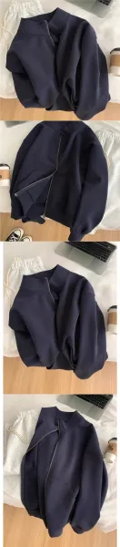 Design Zip-Up Collar Jacket Navy with White Tee and Gray Sweatpants Set - 4