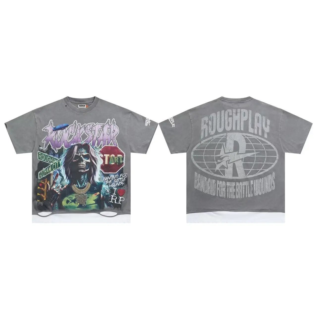 Roughplay x Hellcat Records Band Graphic Distressed Gray T-Shirt - 11