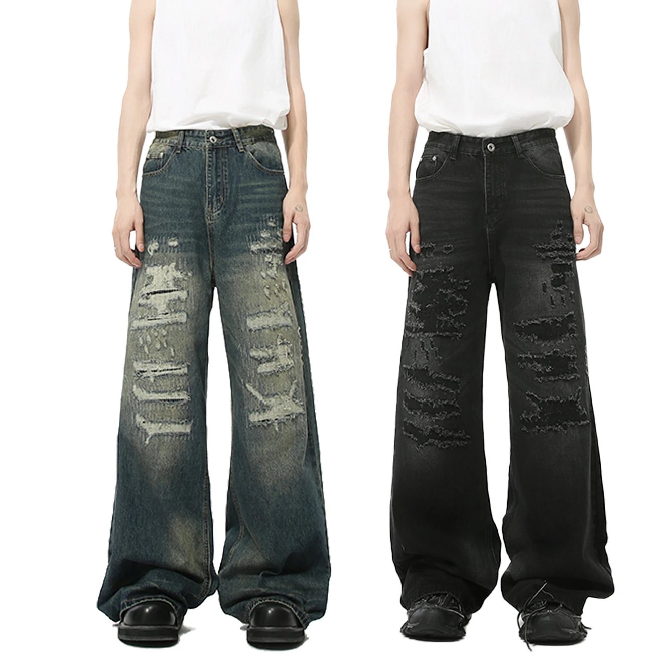 Distressed and distressed jeans, loose fit, versatile wide-leg pants