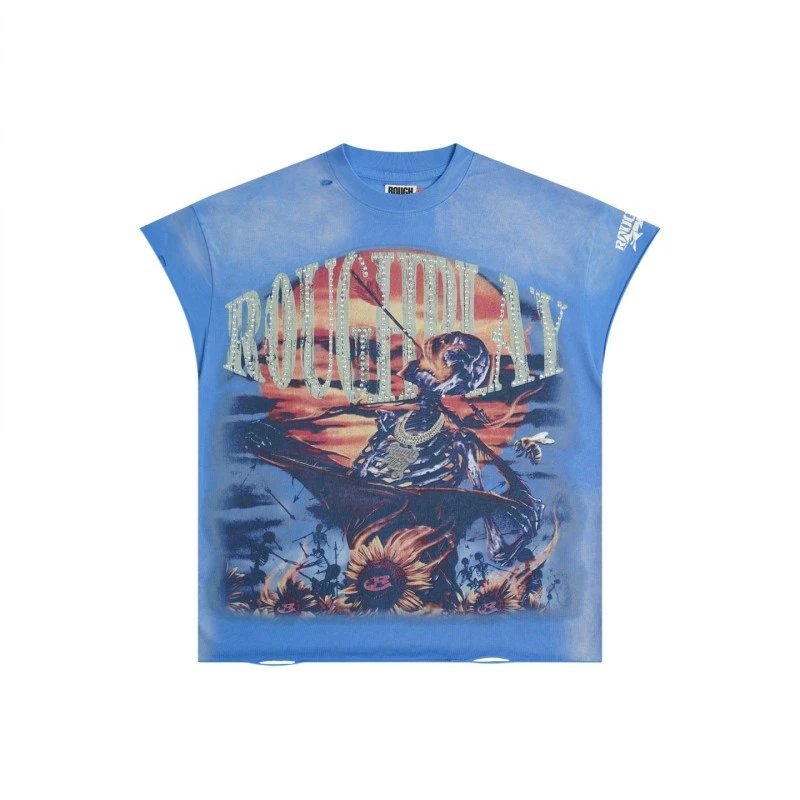 Design Rough Play Crystal-Embellished Graphic Sleeveless T-Shirt Blue T-Shirts - 1