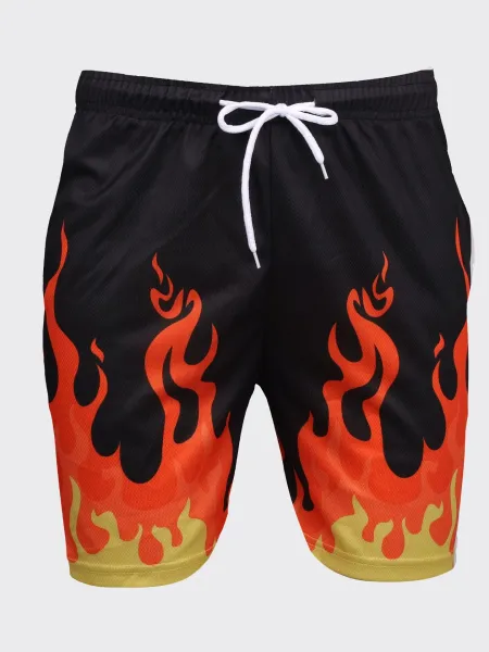 Design Flame Print Mesh Shorts Orange - 19