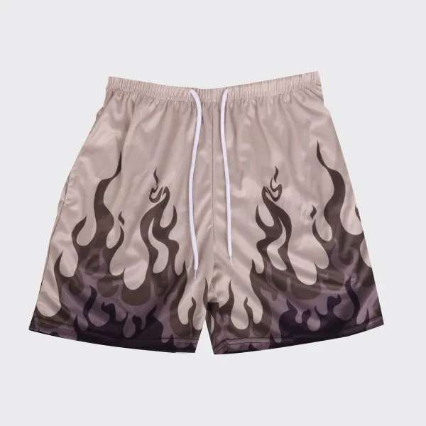 Design Flame Print Mesh Shorts Beige Multicolor Shorts - 1