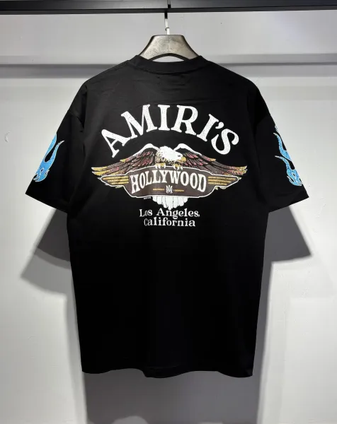 Amiri Shield Logo White T-Shirt with Blue Flame Sleeves - 5