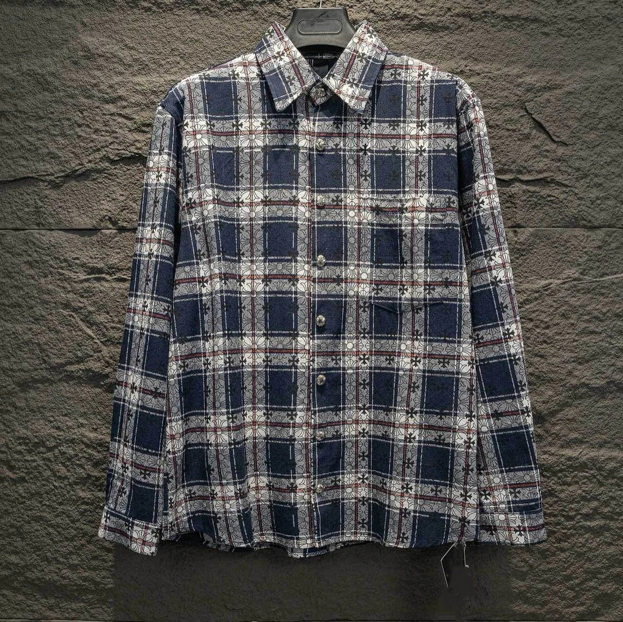 All-Over Print Plaid Shirt with Leather Cuff Patches