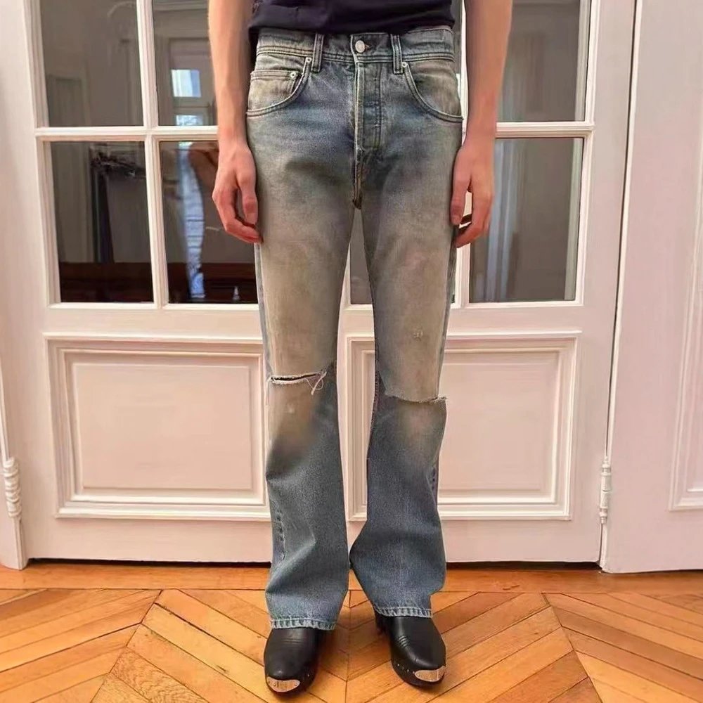 Mud-Dyed Knife-Cut Distressed Flared Jeans