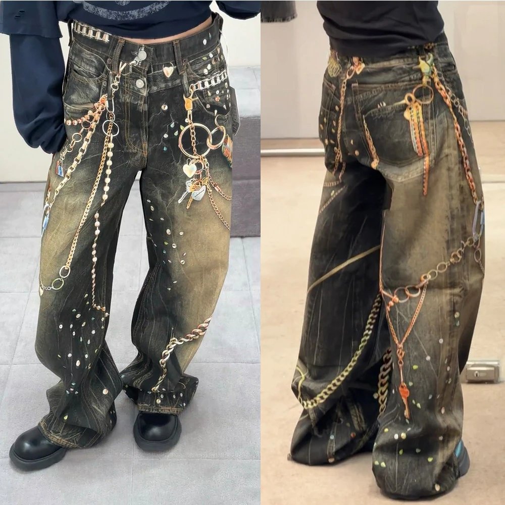 Printed Chain Pendant Wide-Leg Jeans