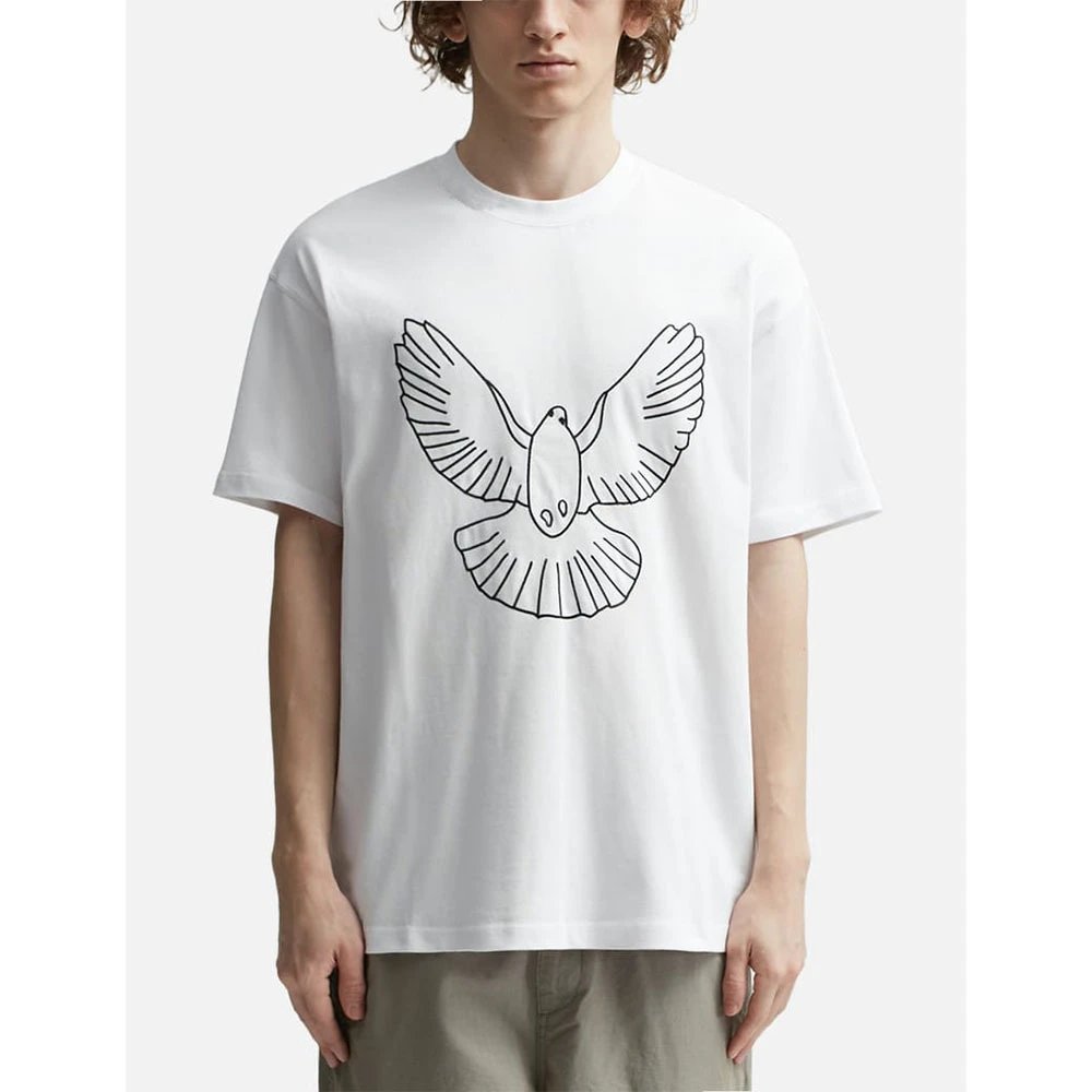 White Round Neck Loose Fit Cartoon Dove Print T-Shirt