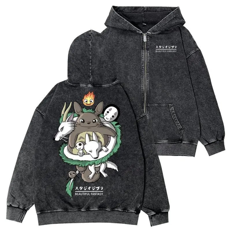 Washed Distressed Black Graphic Hooded Jacket