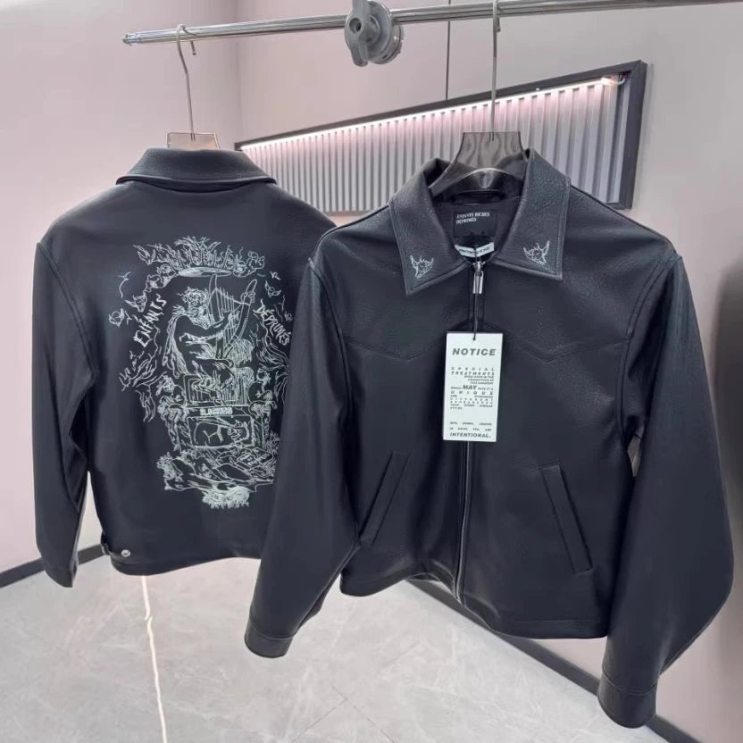 Heavy Embroidered Cracked Leather Jacket
