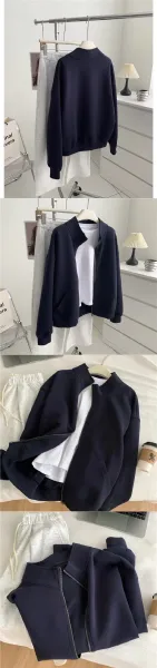 Design Zip-Up Collar Jacket Navy with White Tee and Gray Sweatpants Set - 3