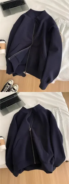 Design Zip-Up Collar Jacket Navy with White Tee and Gray Sweatpants Set - 5