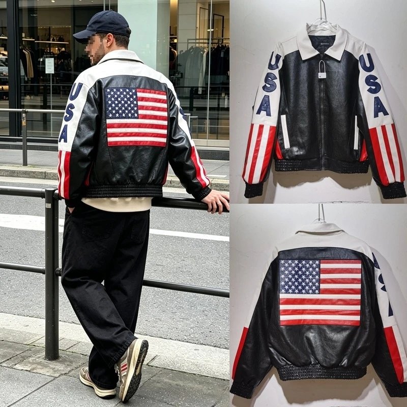 PU Leather Racing Jacket with US Flag Embroidery photo 2