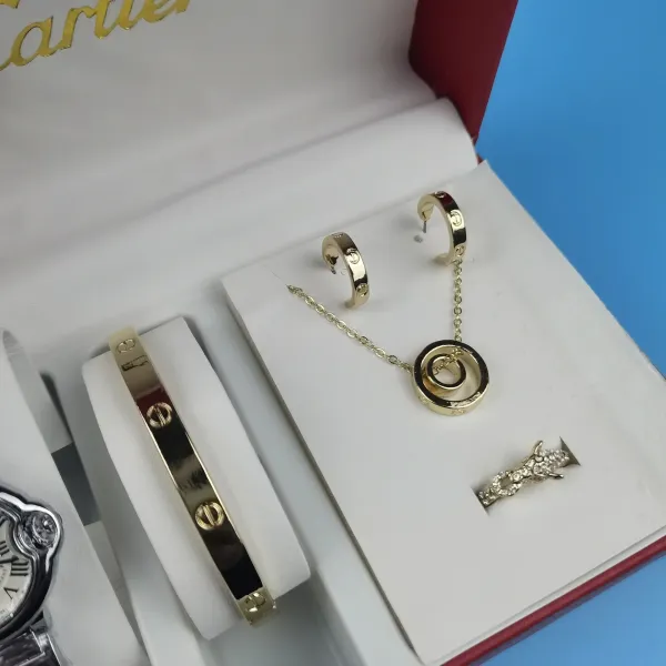 Cartier Baignoire Watch with Blue Strap, Love Bracelet, Trinity Necklace, Earrings and Ring Set Jewelry - 7