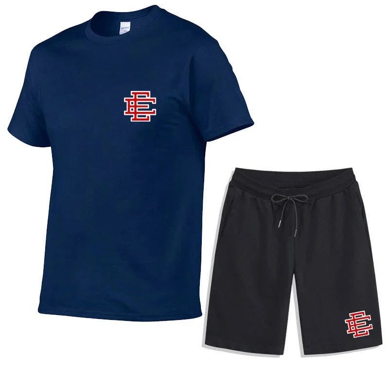 Design Logo Print Navy T-Shirt and Black Shorts Set - 25