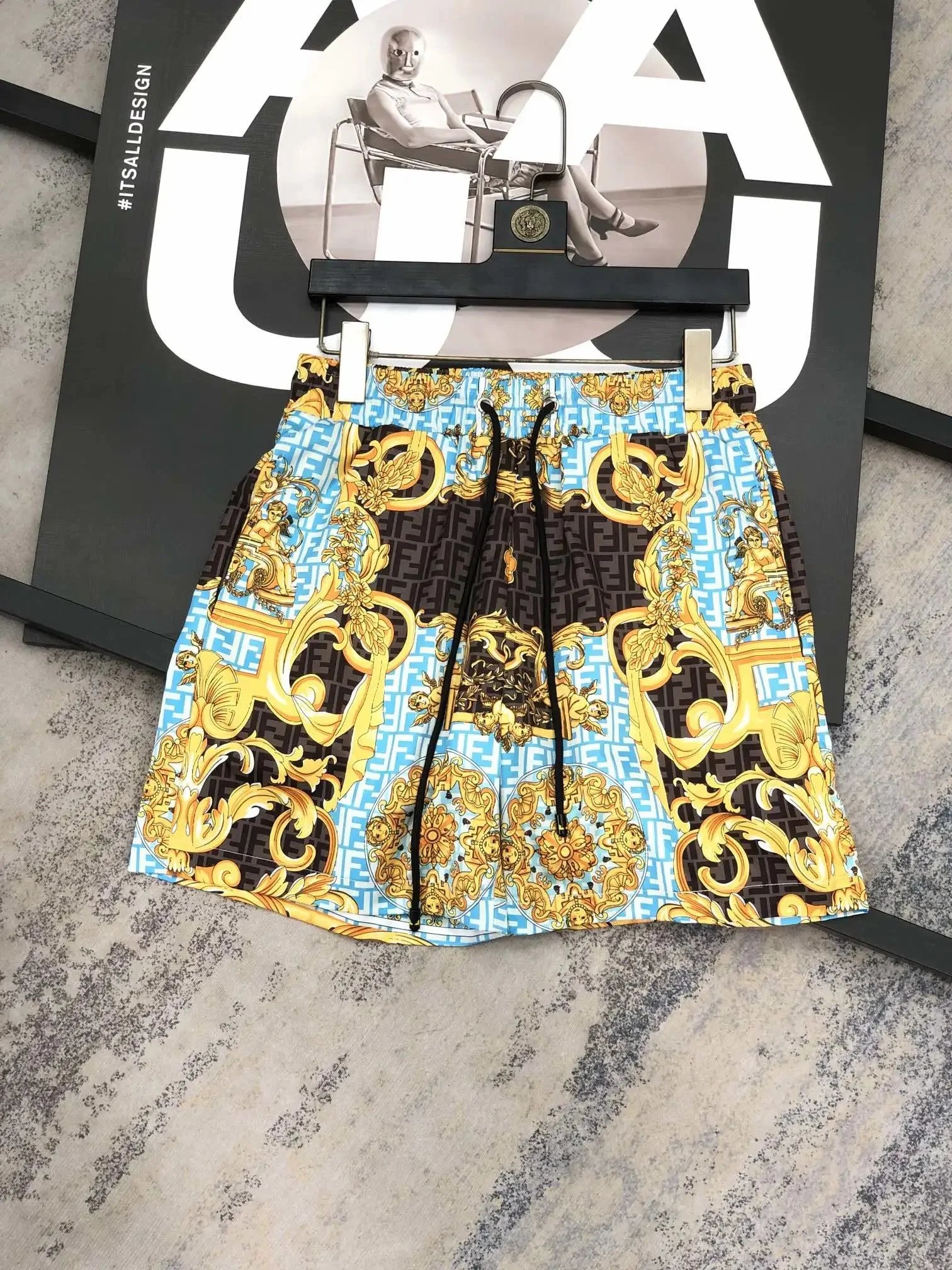 Fendi Baroque Print Swim Shorts Blue Gold Black Swimwear