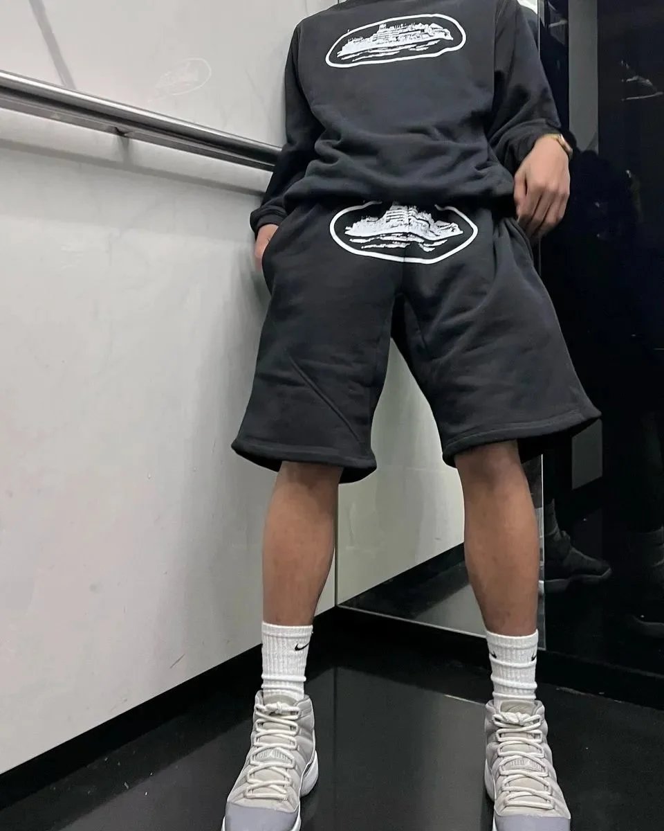 Design Graphic Print Drawstring Waist Shorts Gray - 4