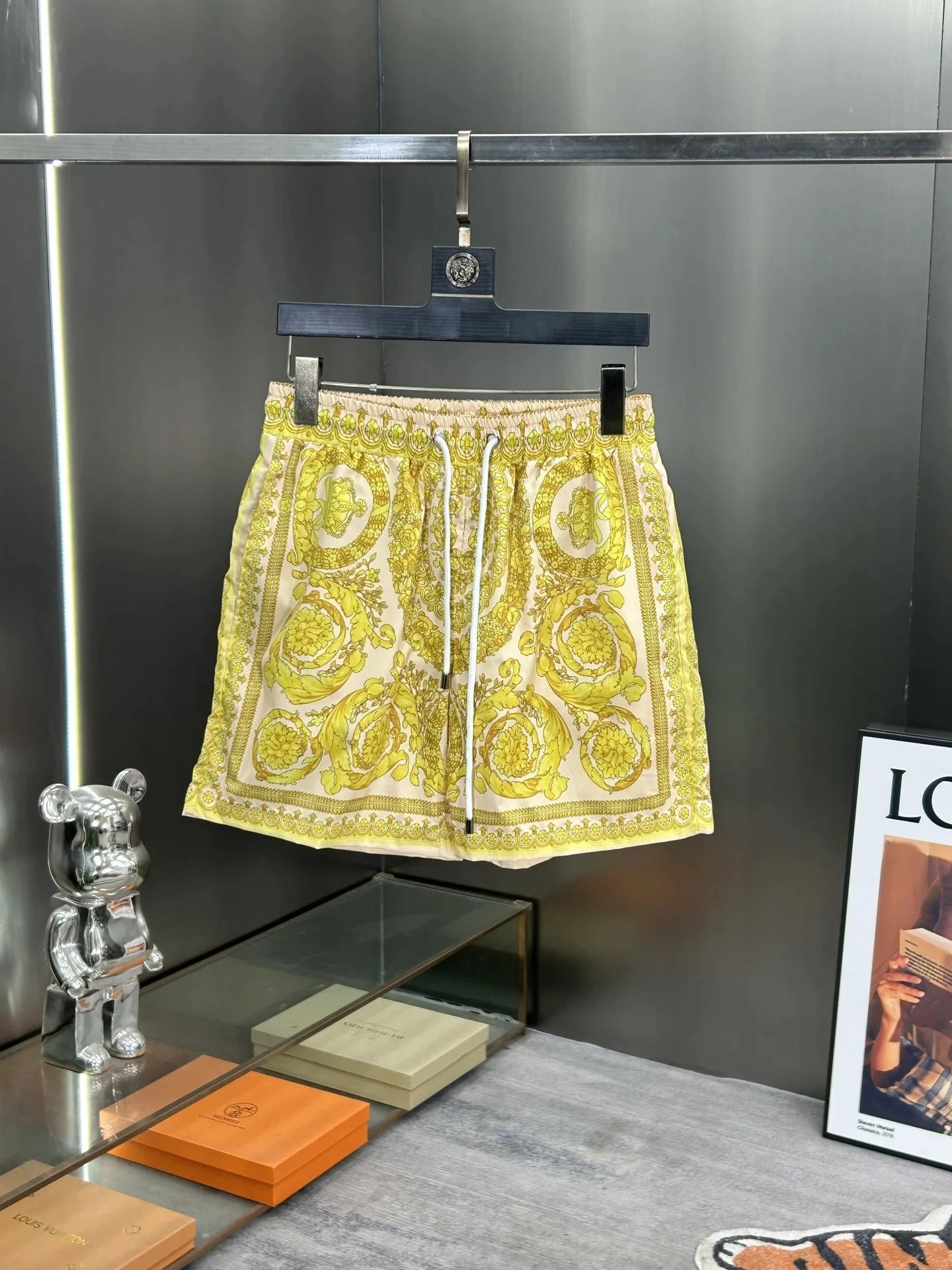 Versace Baroque Print Silk Shorts Yellow