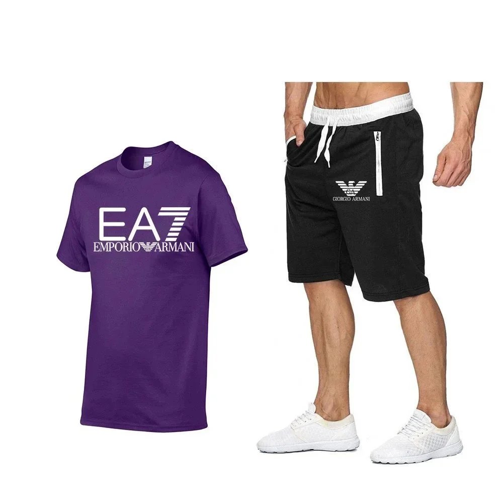 Emporio Armani EA7 Logo T-Shirt and Giorgio Armani Sport Shorts Set Gray / Black - 25
