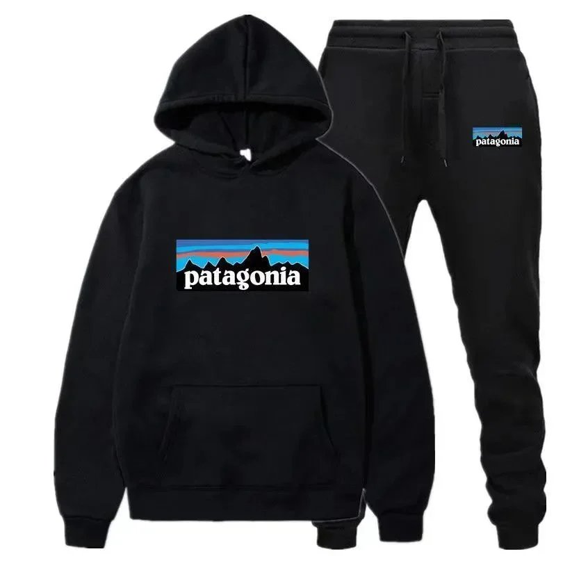 Patagonia P-6 Logo Hoodie and Sweatpants Set Blue and Black - 11