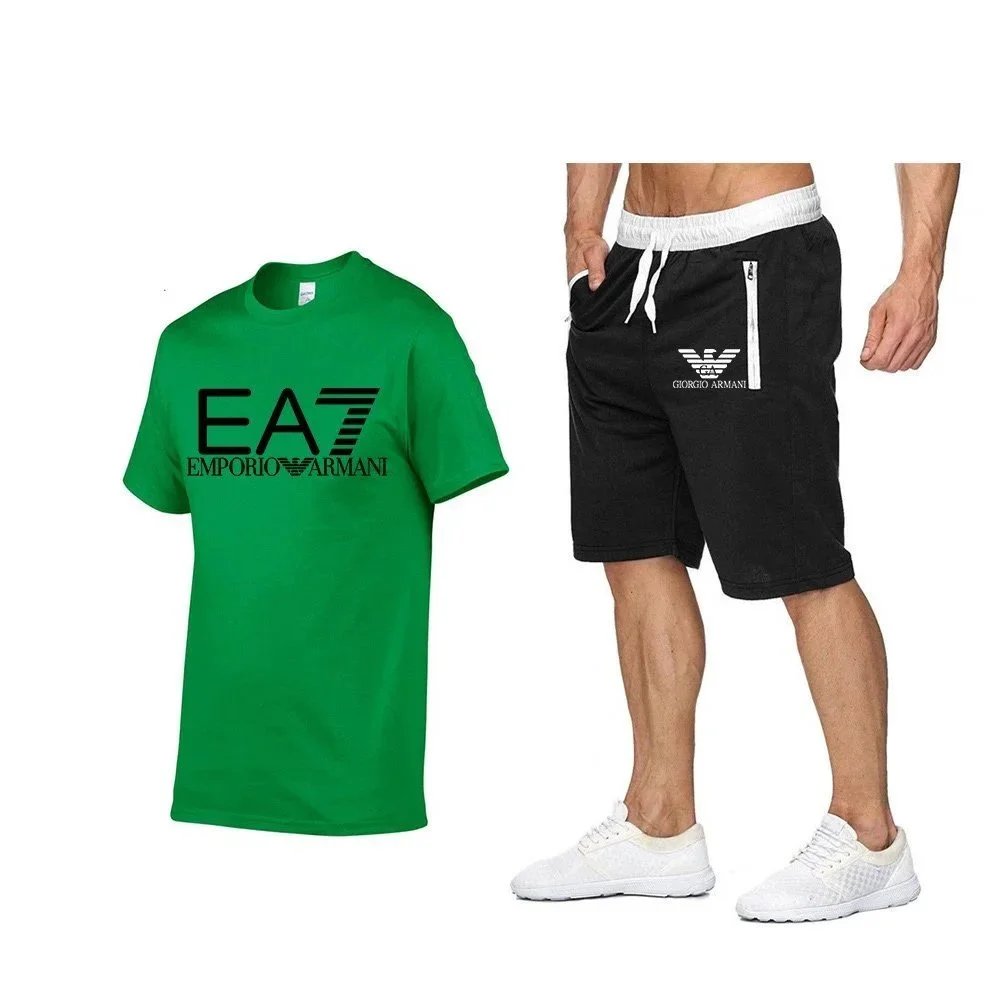 Emporio Armani EA7 Logo T-Shirt and Giorgio Armani Sport Shorts Set Gray / Black - 23