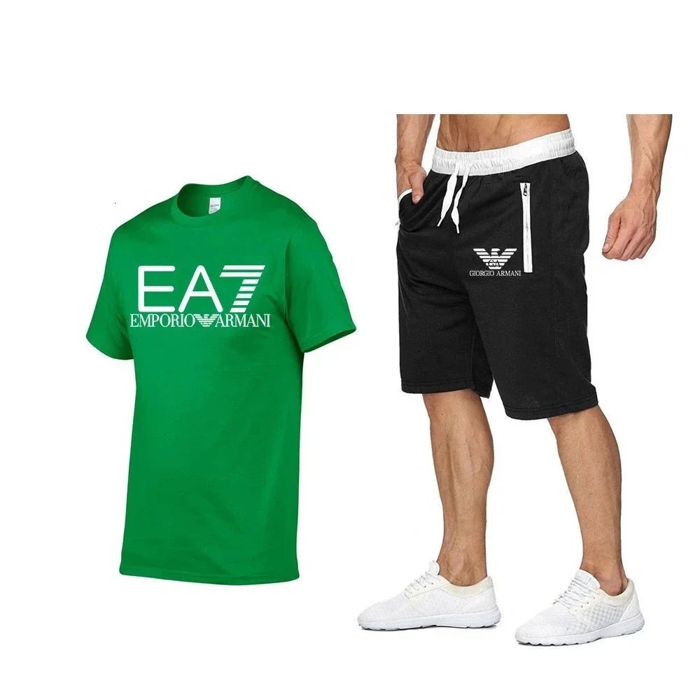 Emporio Armani EA7 Logo T-Shirt and Giorgio Armani Sport Shorts Set Gray / Black - 24