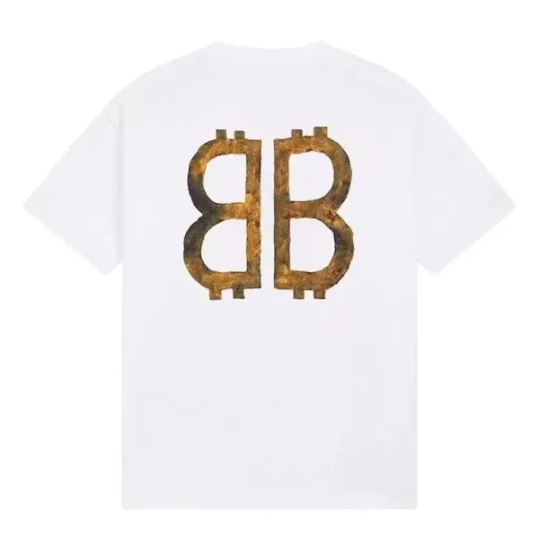 Balenciaga BB Logo Distressed Gold Print White T-Shirt - 1
