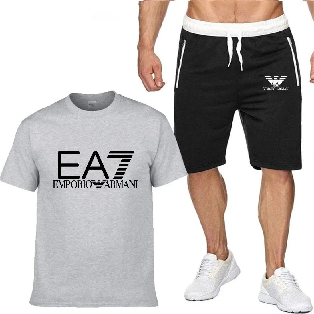 Emporio Armani EA7 Logo T-Shirt and Giorgio Armani Sport Shorts Set Gray / Black - 5