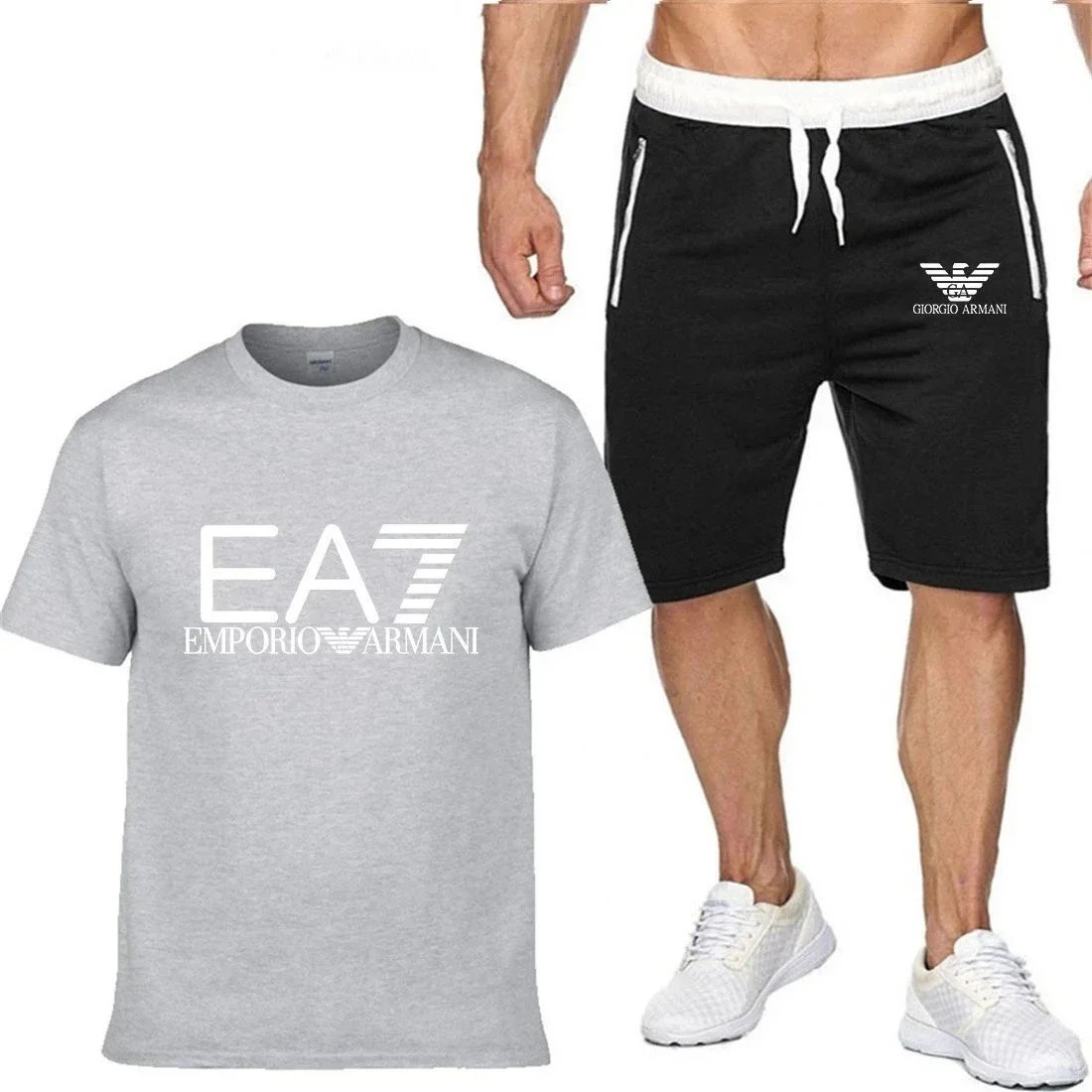 Emporio Armani EA7 Logo T-Shirt and Giorgio Armani Sport Shorts Set Gray / Black - 4