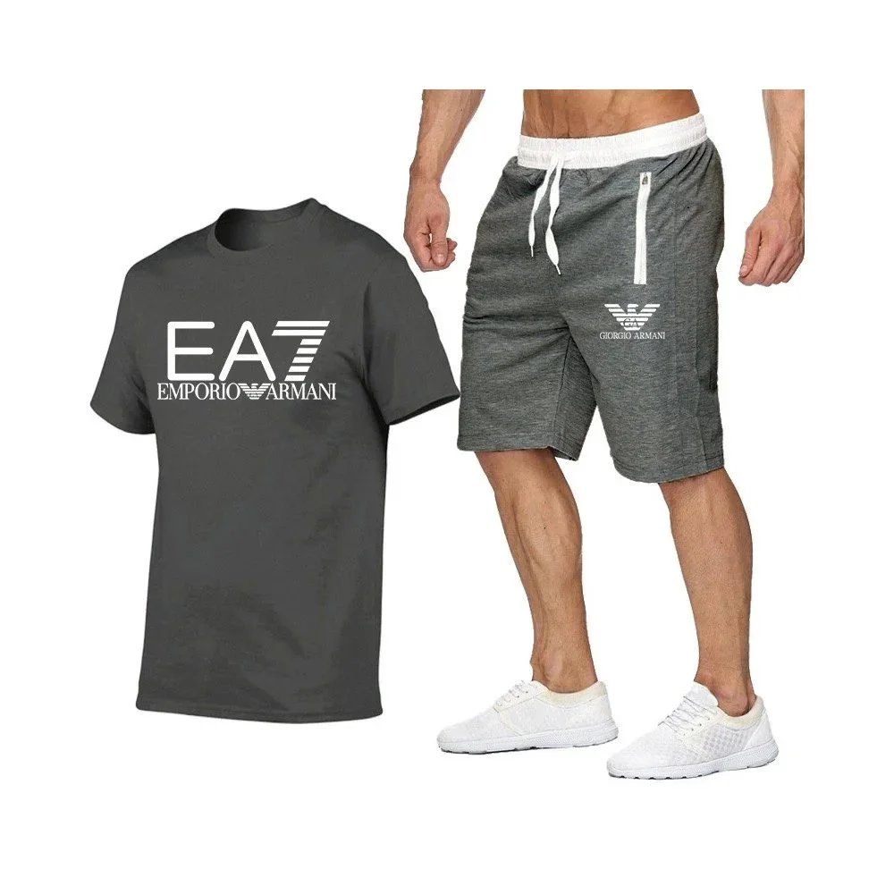 Emporio Armani EA7 Logo T-Shirt and Giorgio Armani Sport Shorts Set Gray / Black - 11