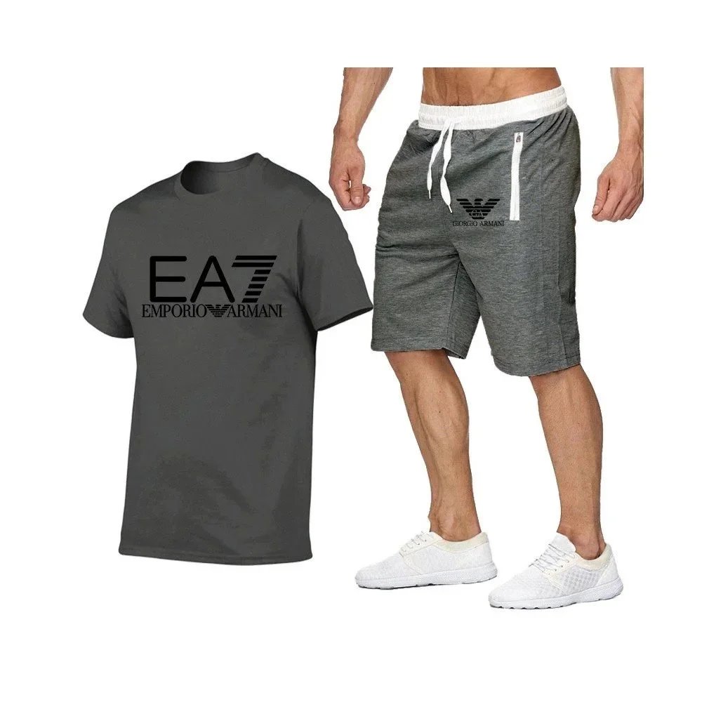 Emporio Armani EA7 Logo T-Shirt and Giorgio Armani Sport Shorts Set Gray / Black - 12