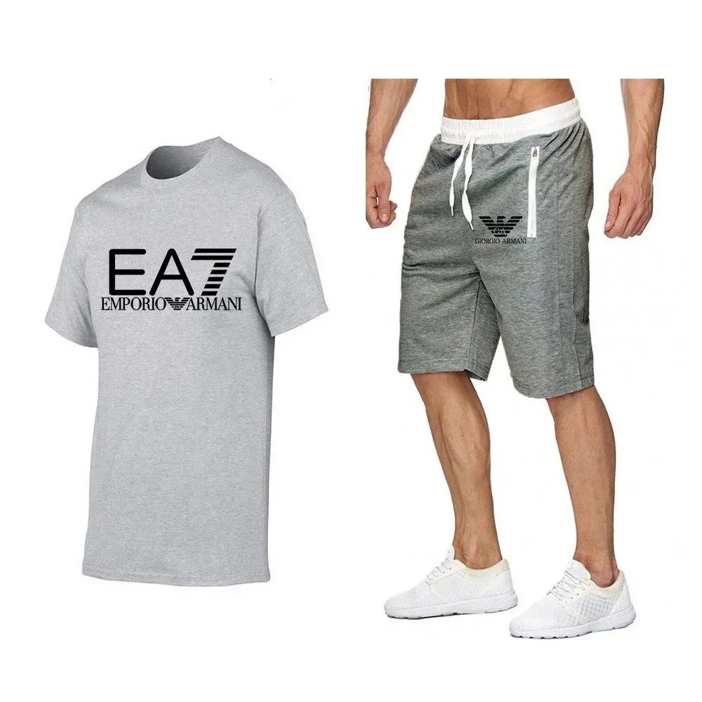 Emporio Armani EA7 Logo T-Shirt and Giorgio Armani Sport Shorts Set Gray / Black - 22