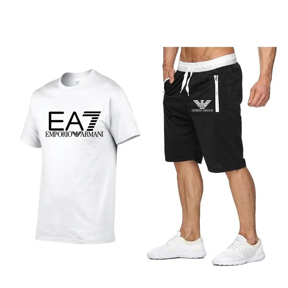 Emporio Armani EA7 Logo T-Shirt and Giorgio Armani Sport Shorts Set Gray / Black - 13