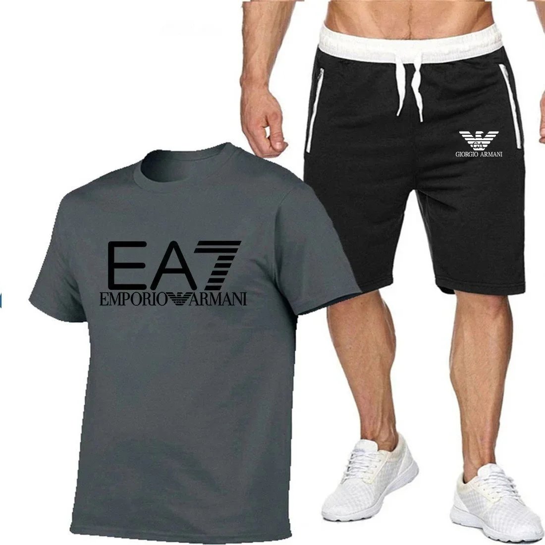 Emporio Armani EA7 Logo T-Shirt and Giorgio Armani Sport Shorts Set Gray / Black - 14