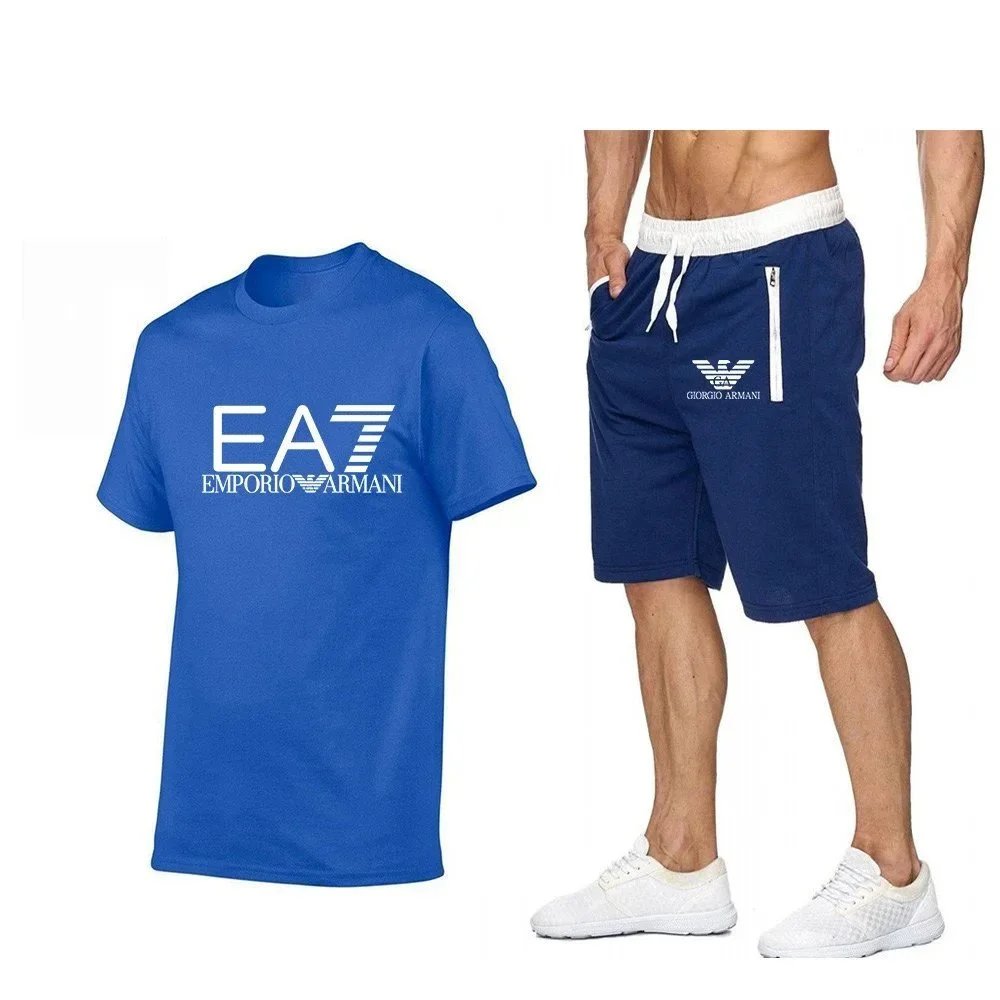 Emporio Armani EA7 Logo T-Shirt and Giorgio Armani Sport Shorts Set Gray / Black - 16