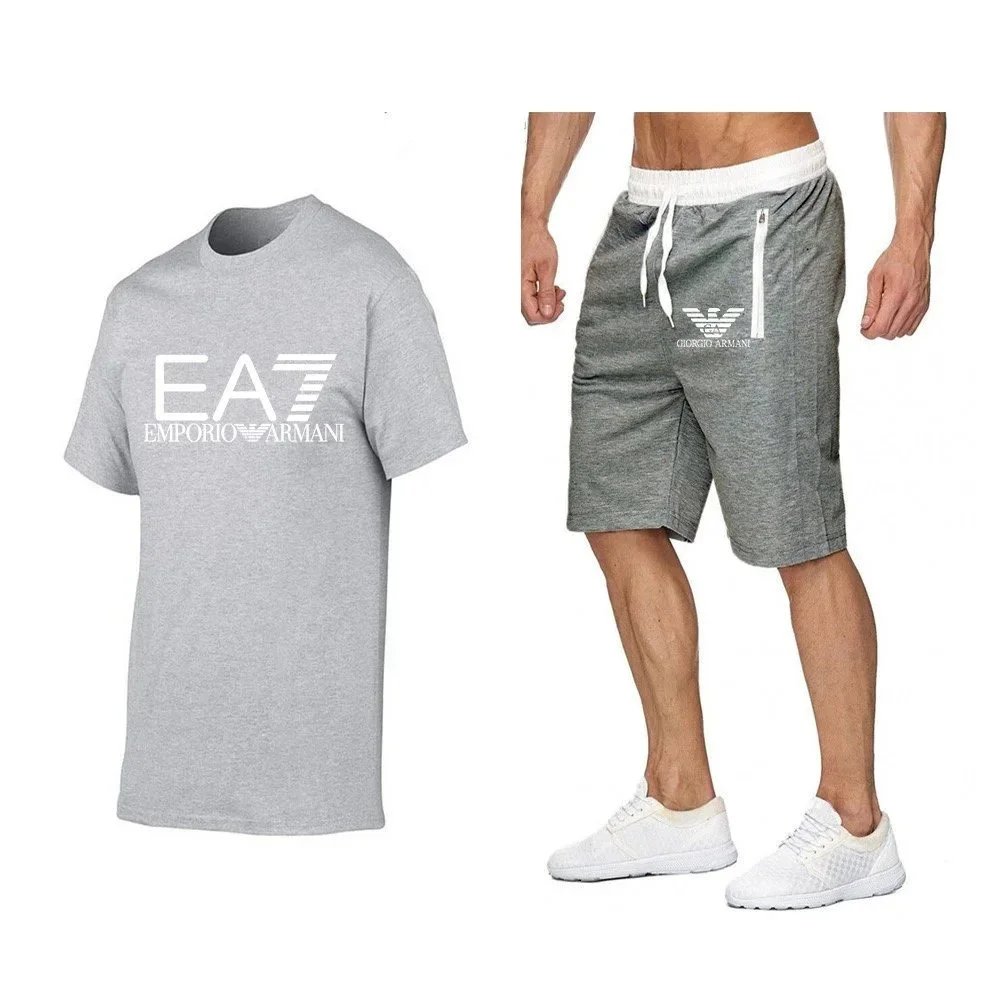 Emporio Armani EA7 Logo T-Shirt and Giorgio Armani Sport Shorts Set Gray / Black - 21