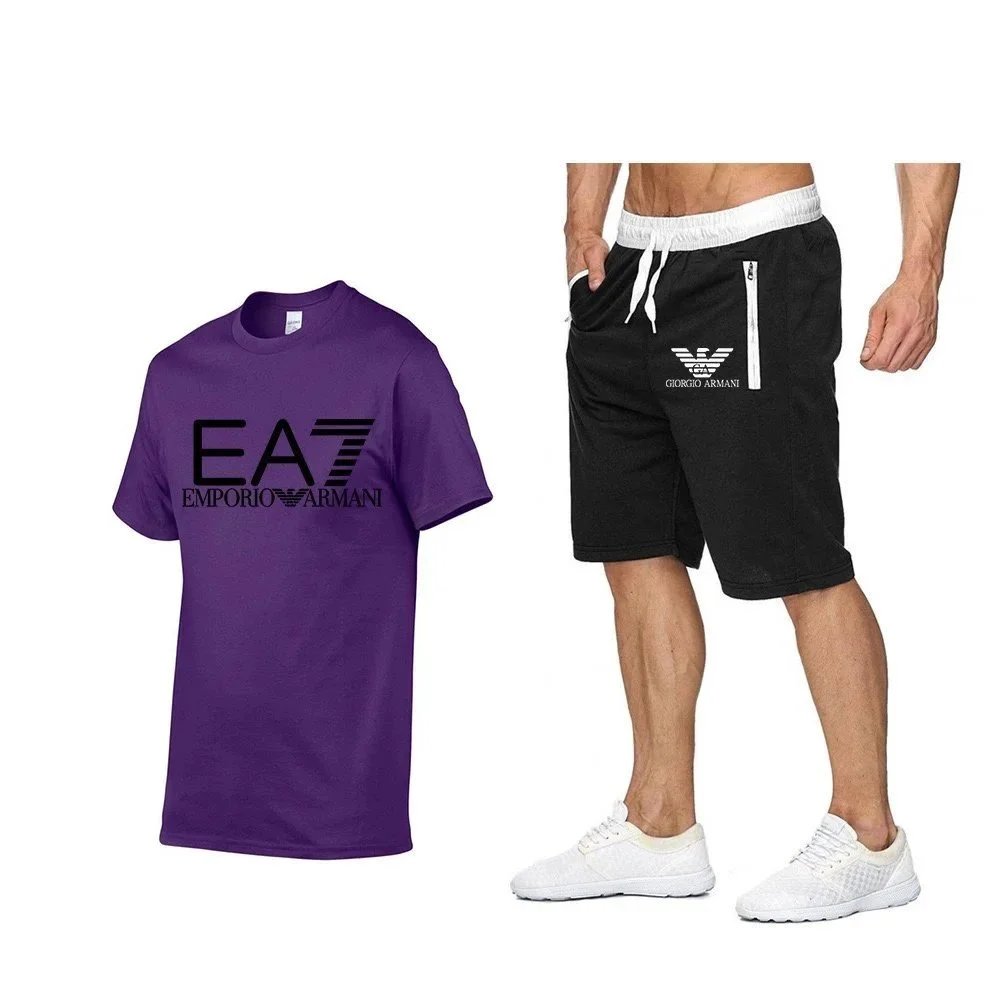 Emporio Armani EA7 Logo T-Shirt and Giorgio Armani Sport Shorts Set Gray / Black - 26