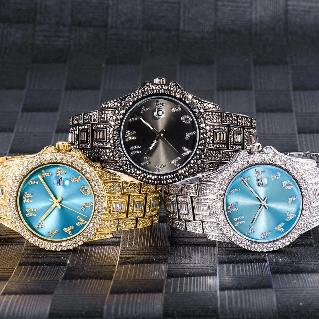 Design Luxury Chrono Blue Dial Rose Gold & Silver Crystal-Encrusted Watch Watches - 8