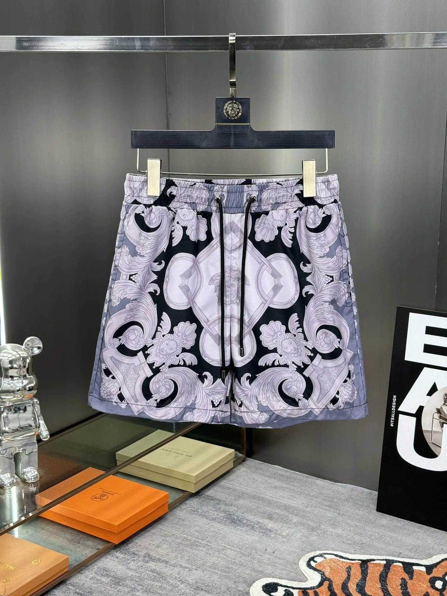 Versace Baroque Print Swim Shorts Black and Lilac