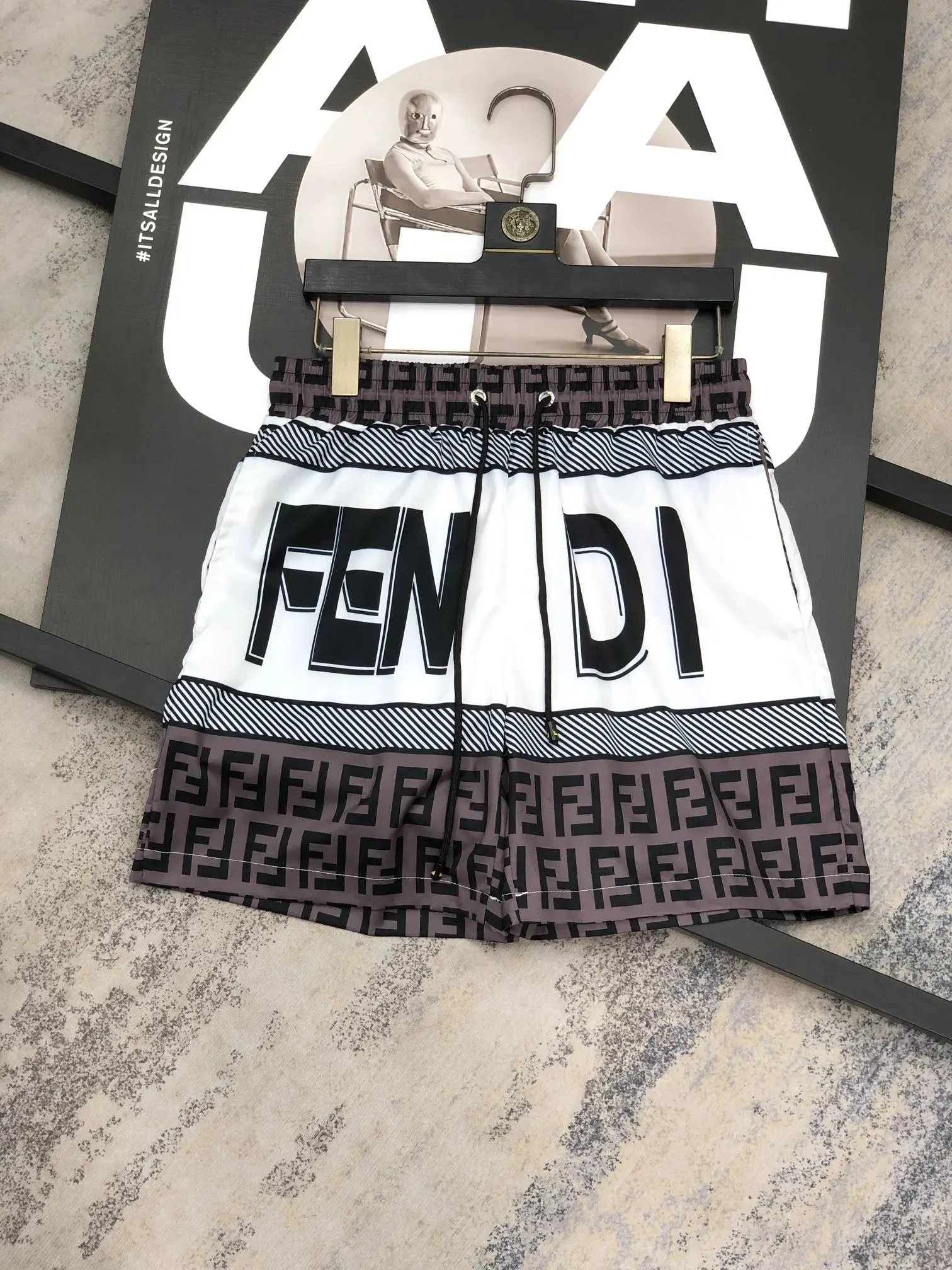 Fendi FF Logo Print Swim Shorts White Gray Black