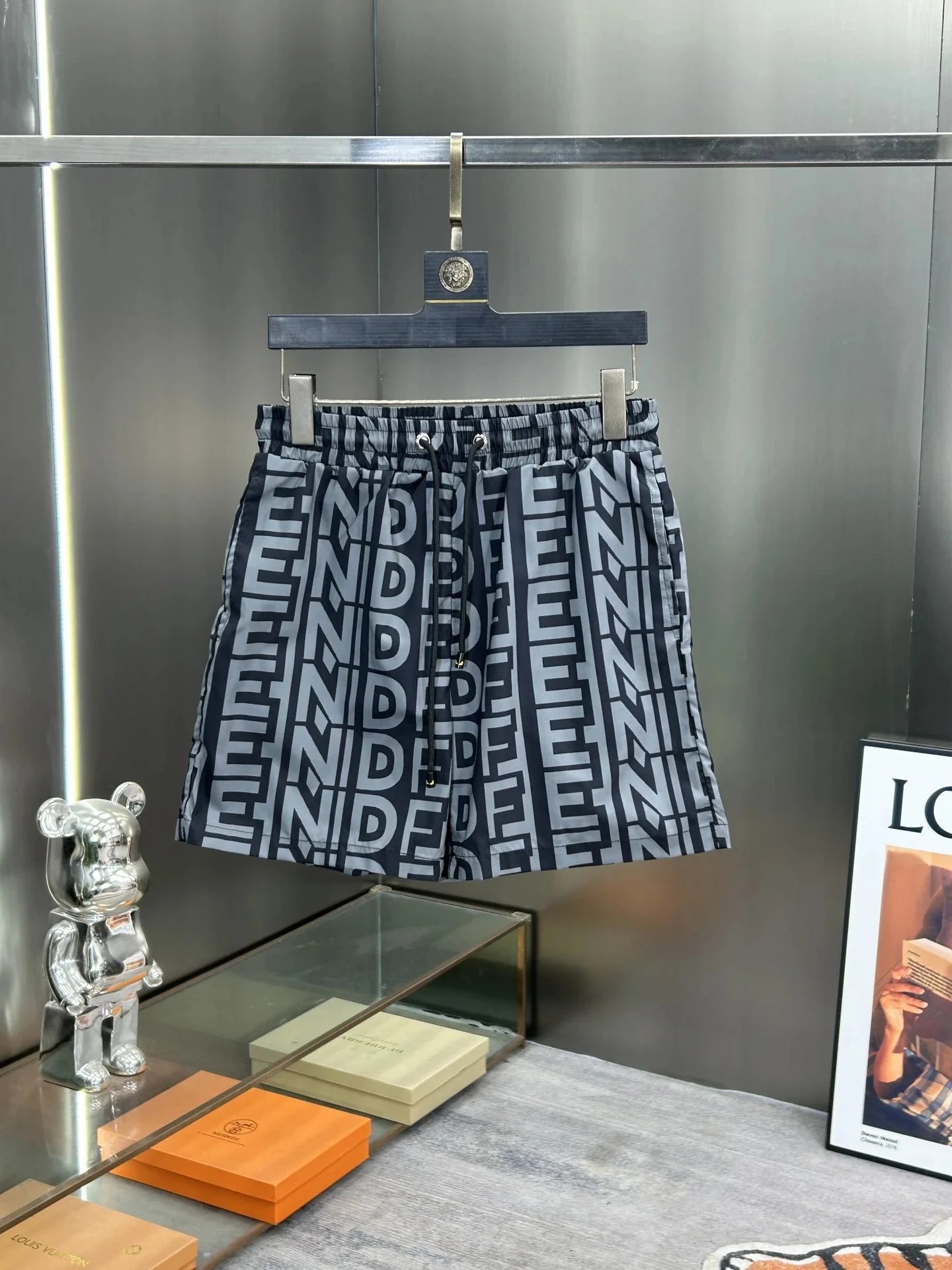 Fendi FF Logo Print Swim Shorts Navy / Gray