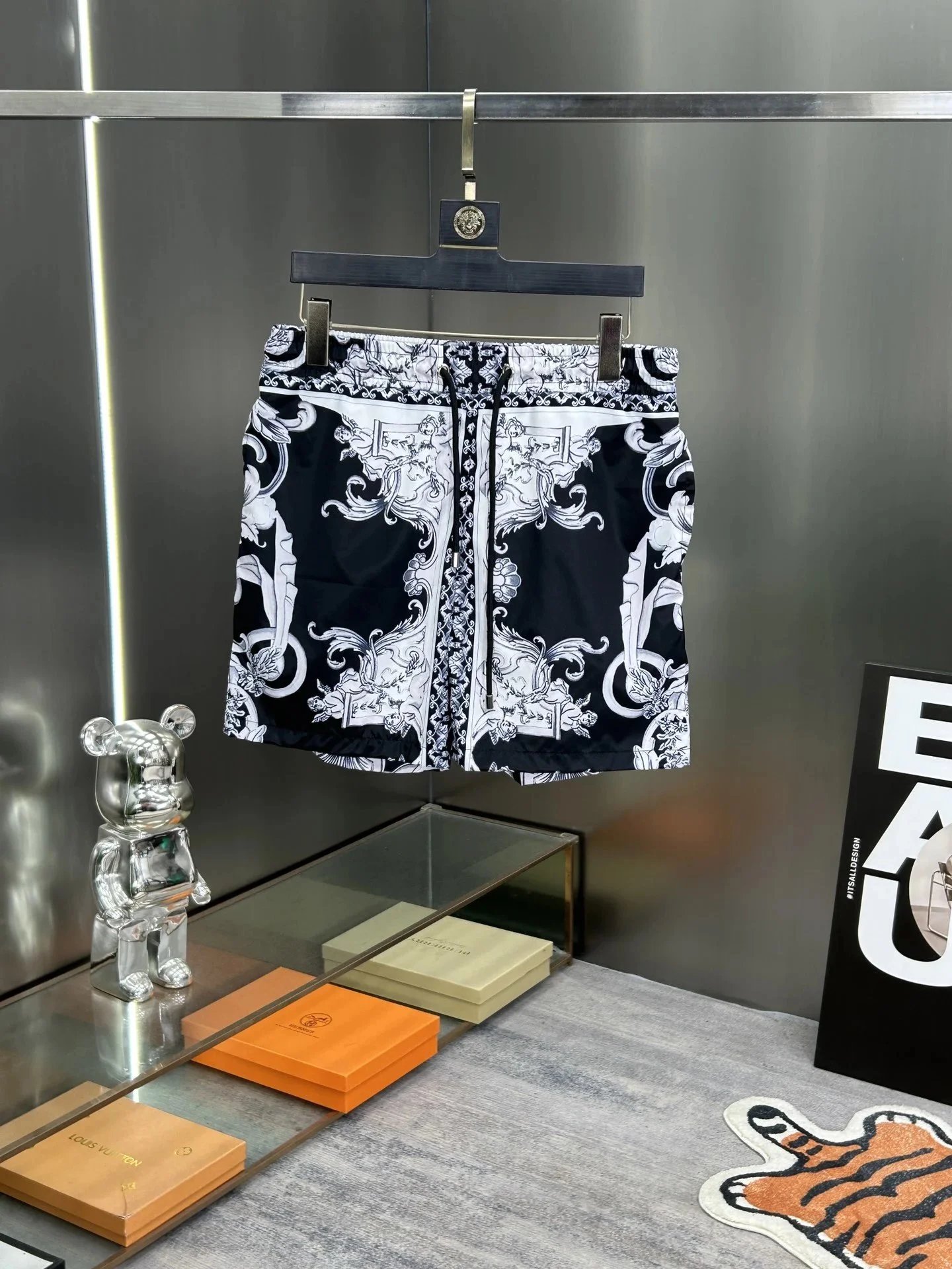 Versace Baroque Print Swim Shorts Black / White Swimwear