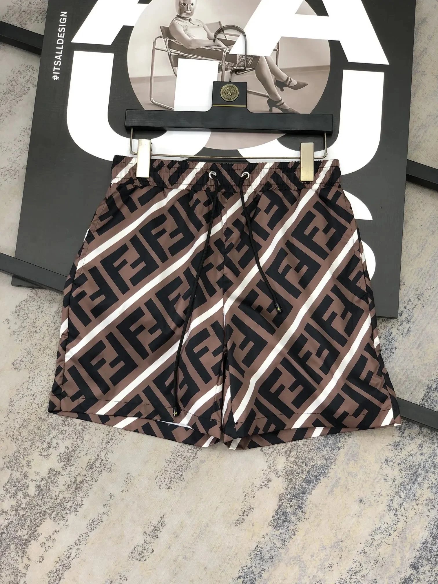 Fendi FF Logo Diagonal Print Swim Shorts Brown