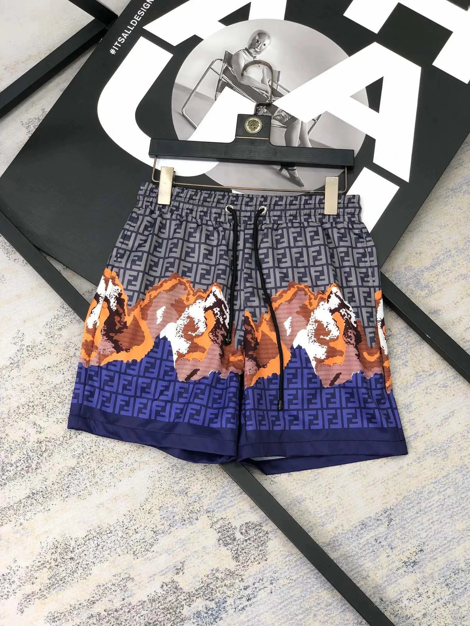 Fendi FF Logo Mountain Print Swim Shorts Multicolor Swimwear